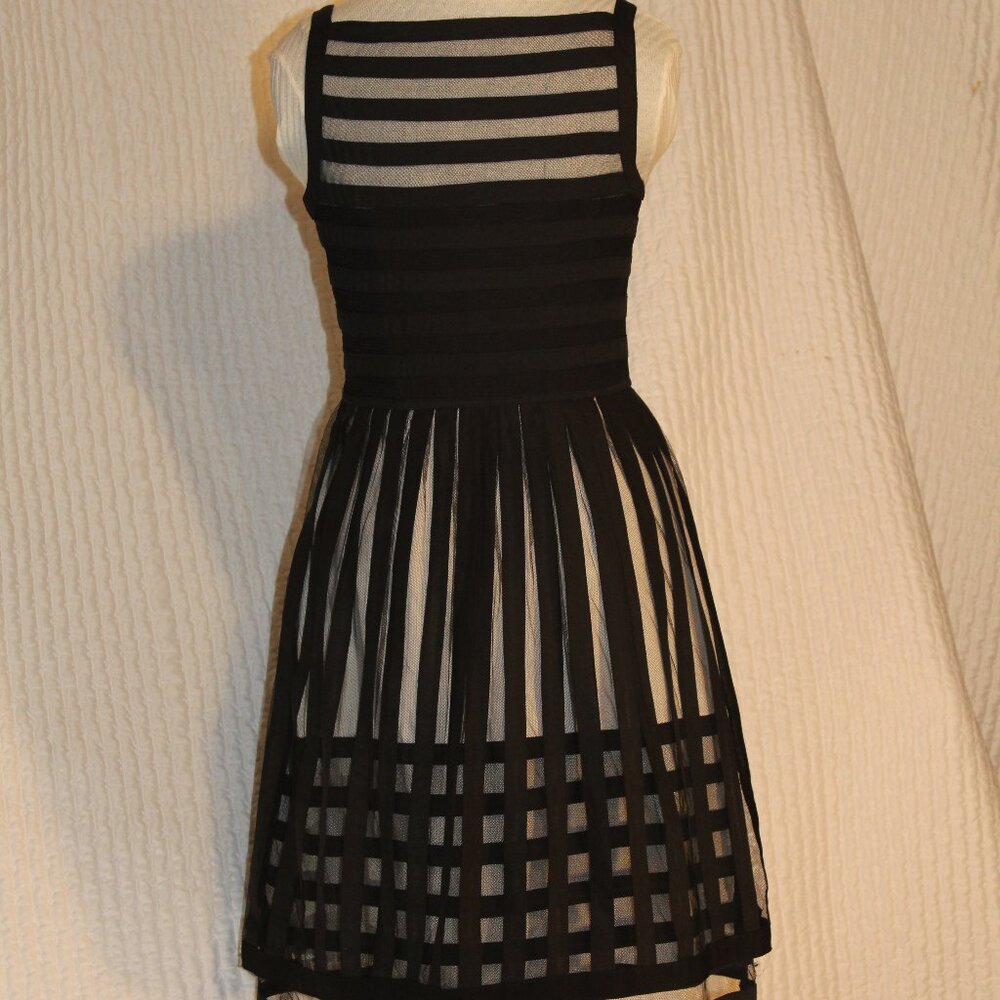 Cynthia Steffe Dress LBD Black Mesh Sheer Stripe Cocktail Formal  Size 8 - Picture 3 of 12